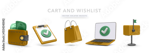 Wallet with cash, checklist clipboard, shopping bag, laptop with checkmark, and mailbox. Vector illustration showing wishlist creation, payment options, online order tracking, and delivery tools.
