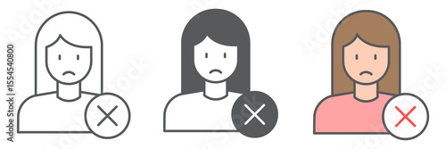 Women discrimination icon collection, feminism and sexism, sad woman sign vector set graphics, editable stroke linear icon, eps 10