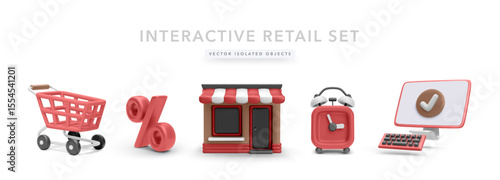 Shopping Cart, Discount Sign, Storefront, Alarm Clock, and Computer Monitor With Checkmark Rendered in 3D Cartoon Style for Ecommerce and Retail Concepts. Vector Illustration.