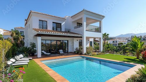 minimalist modern white townhouses with spacious gardens  suburban setting 