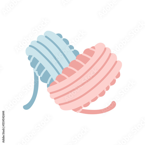 Two skeins of thread are arranged in the shape of a heart. Love for knitting, cozy atmosphere. Handmade. Flat color isolated illustration. For postcards, packaging, posts, theme of care and coziness