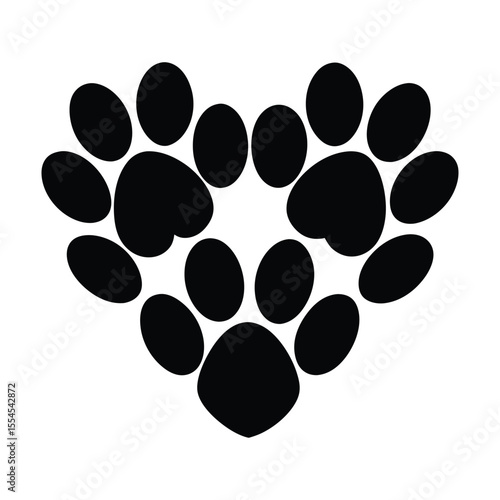 Charming flat design illustration of multiple paw prints artfully arranged to form a cohesive heart silhouette ideal for pet lovers