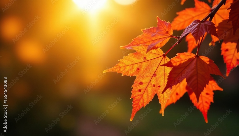 Warm sunlight casts a glow on a branch of autumn leaves, warm seasonal colors, autumn colors, natural ambiance Warm sunlight casts a glow on a branch of autumn leaves, warm seasonal colors, autumn colors, natural ambiance