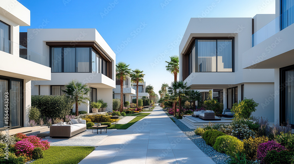 Fototapeta premium minimalist modern white townhouses with spacious gardens, suburban setting 
