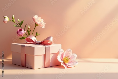 A delicately wrapped pink gift box adorned with a satin ribbon sits beside a graceful arrangement of soft pink blossoms, bathed in warm, gentle sunlight.