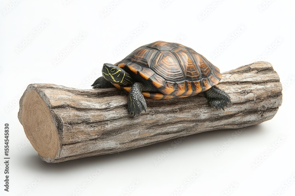 Obraz premium Turtle Resting on a Log Against White Background.