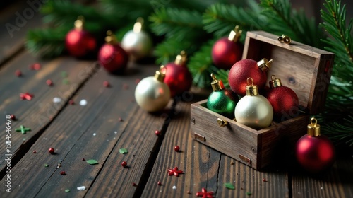 Festive holiday baubles nestled in a rustic wooden chest, adorned with evergreen boughs and scattered decorative elements on a dark wooden surface.