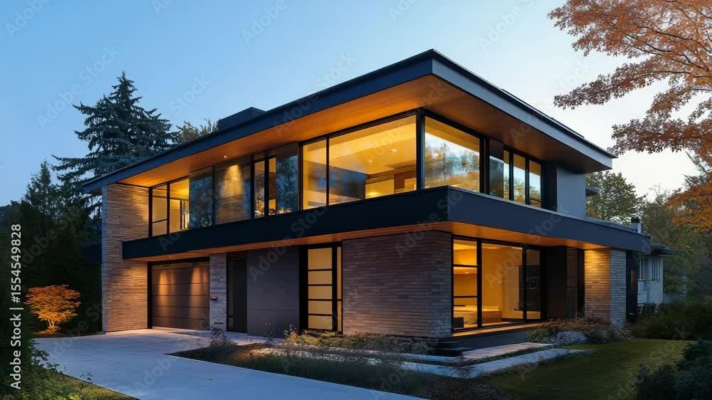 Modern two-story house design with flat roof and attached garage, showcasing sleek architecture Modern two-story house design with flat roof and attached garage, showcasing sleek architecture