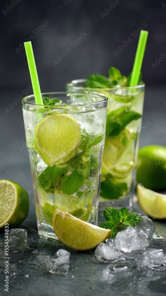 Fototapeta premium traditional mojito cocktail in frosted transparent tall glass with mint and lime 