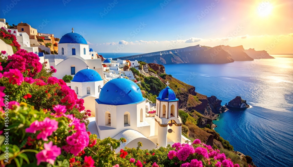 Obraz premium Iconic white architecture with blue domes sits atop cliffs overlooking the turquoise sea at sunset.