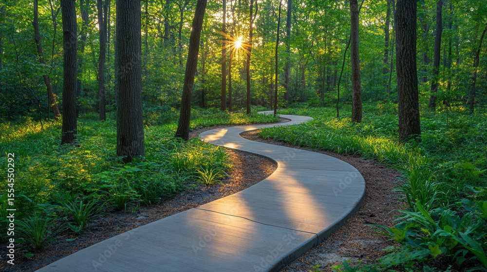 Obraz premium Nature scene with Silver Comet Trail walking path, tall trees shading concrete path, lush plants and vibrant summer environment 
