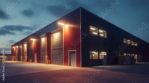 Modern warehouse exterior with attached small office unit illuminated at night