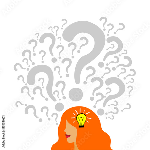 Young woman doubts and questioning everything. Flat cartoon vector illustration.