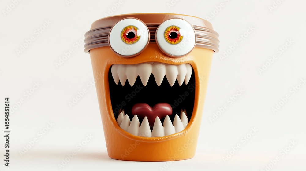 Naklejka premium Whimsical 3D illustration of a coffee cup character with wild bulging eyes and fierce sharp teeth