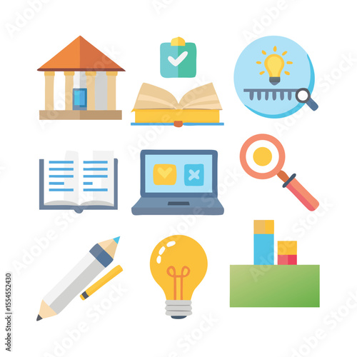 Colorful Education Vector Icon Set, Learning & School Symbols Like Book, Cap, Pencil, Blackboard, Certificate, and Lightbulb for UI and Infographics