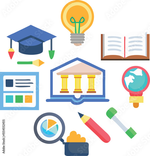 Colorful Education Vector Icon Set, Learning & School Symbols Like Book, Cap, Pencil, Blackboard, Certificate, and Lightbulb for UI and Infographics
