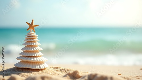 Fototapeta Naklejka Na Ścianę i Meble -  Tropical christmas beach christmas tree seashell starfish ocean sand