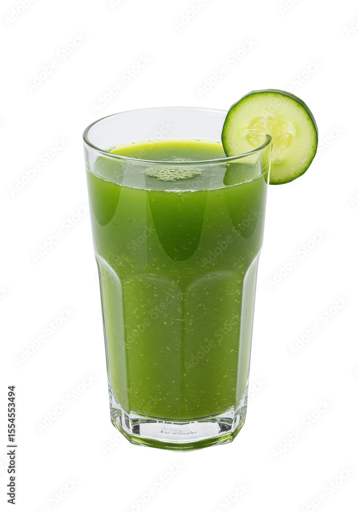 Glass of vibrant green juice, garnished with cucumber slice against a dark, solid background Glass of vibrant green juice, garnished with cucumber slice against a dark, solid background