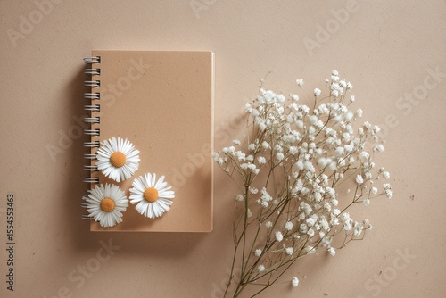 A Notepad and some flower isolated on a soft background