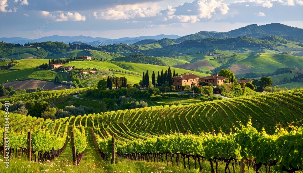 Fototapeta premium Scenic Tuscany landscape featuring rolling hills, vineyards, and a serene spring atmosphere, Italy