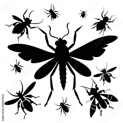 set of black silhouettes of insects