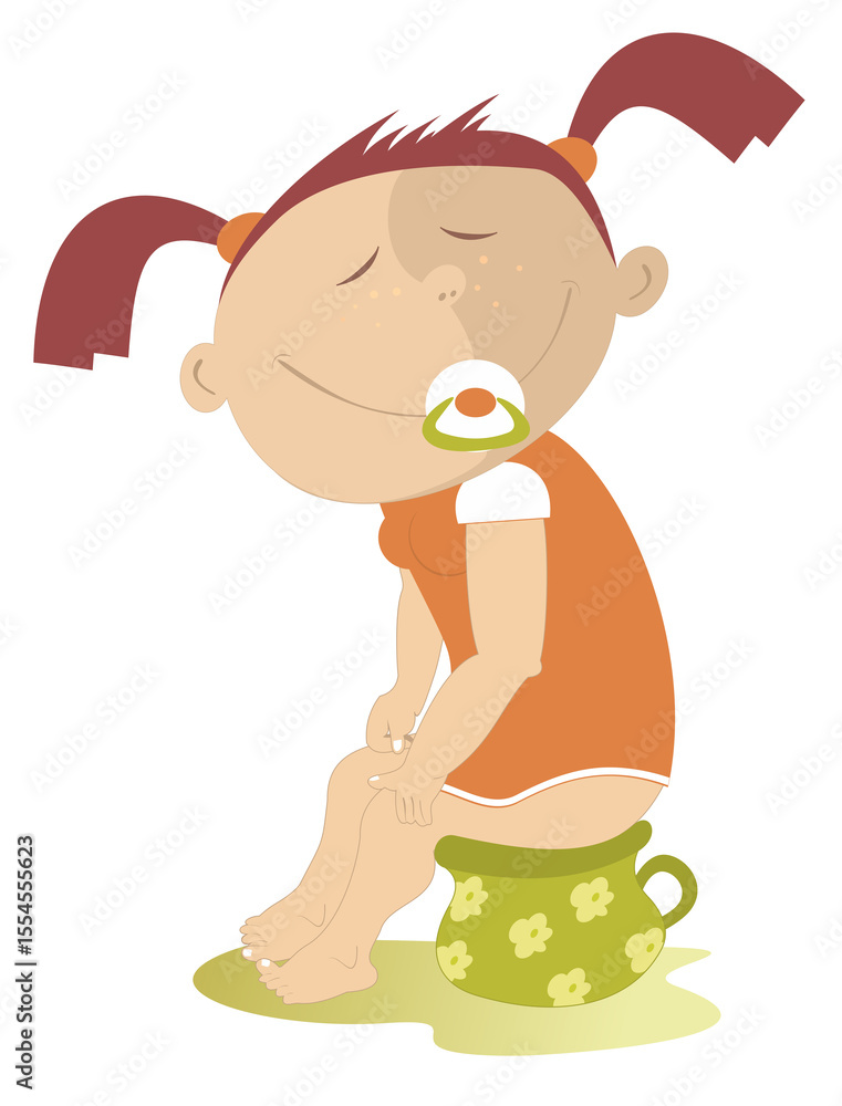 Obraz premium Happy childhood. Cute baby sits on the pot. Infant baby with a nipple sitting on the pot 