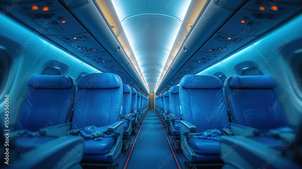 Fototapeta premium Spacious Aircraft Interior with Blue Seats