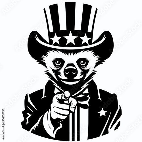 Hyena wear american top hat as uncle sam point index finger to viewer. 4th of July Flag Patriotism Usa America Independence Day Clipart Line Art Vector Illustration. Laughing canine don us.