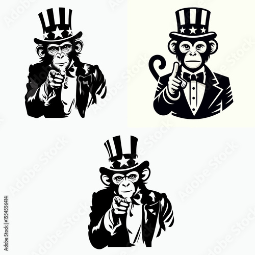 Monkey fullbody wear american top hat as uncle sam point index finger to viewer. 4th of July Flag Patriotism Usa America Independence Day Clipart Line Art Vector Illustration. Ape total.