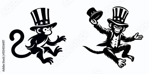 Monkey. 4th of July American Flag Patriotism Usa America Independence Day Clipart Line Art Vector Illustration. Ape family member jungle creature primate type zoo attraction wildlife.