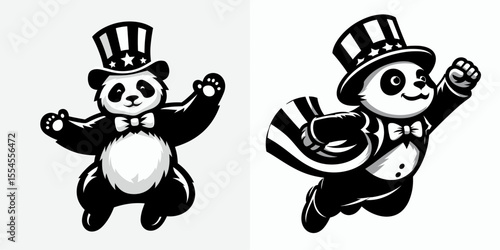 Panda. 4th of July American Flag Patriotism Usa America Independence Day Clipart Line Art Vector Illustration. Bear type a docile creature wildlife furry mammal large bamboo eater.