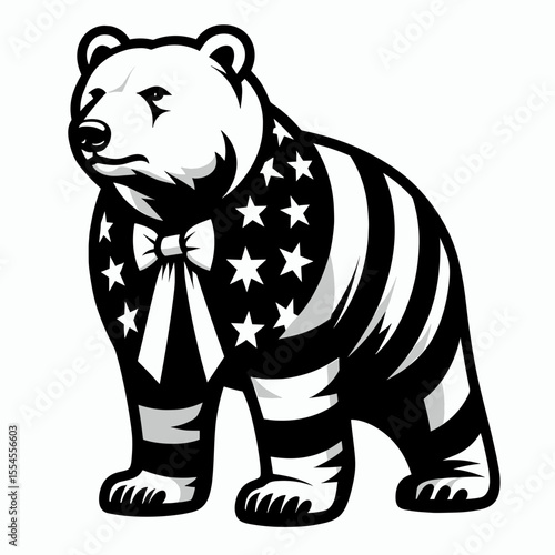 Polar Bear wear american patriotic costume. 4th of July Flag Patriotism Usa America Independence Day Clipart Line Art Vector Illustration. Arctic mammal attire celebrating national pride.
