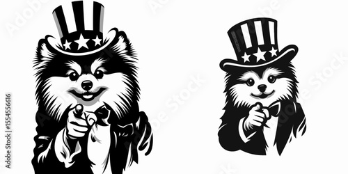Pomeranian Dog wear american top hat as uncle sam point index finger to viewer. 4th of July Flag Patriotism Usa America Independence Day Clipart Line Art Vector Illustration. Fluffy canine.