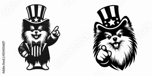 Pomeranian Dog fullbody wear american top hat as uncle sam point index finger to viewer. 4th of July Flag Patriotism Usa America Independence Day Clipart Line Art Vector Illustration. Fluffy.