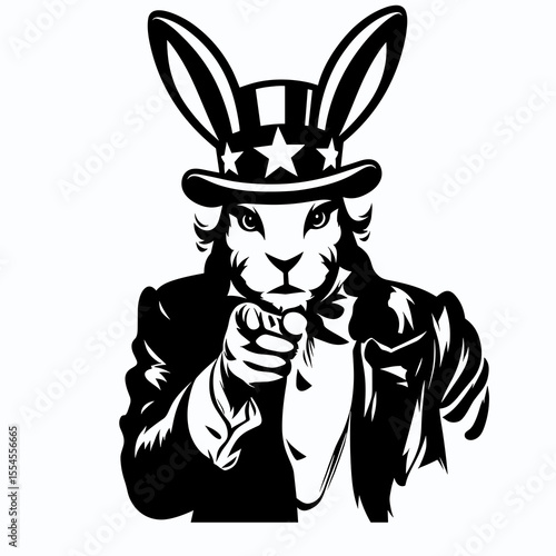 Rabbit fullbody wear american top hat as uncle sam point index finger to viewer. 4th of July Flag Patriotism Usa America Independence Day Clipart Line Art Vector Illustration. Bunny whole.
