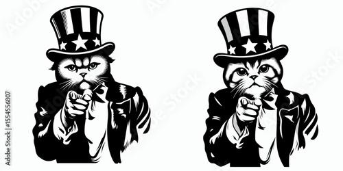 Scottish Fold Cat fullbody wear american top hat as uncle sam point index finger to viewer. 4th of July Flag Patriotism Usa America Independence Day Clipart Line Art Vector Illustration.