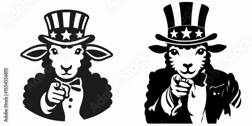 Sheep fullbody wear american top hat as uncle sam point index finger to viewer. 4th of July Flag Patriotism Usa America Independence Day Clipart Line Art Vector Illustration. Lamb entire.