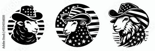 Sheep wear american flag prinit on cowboy hat2. 4th of July Patriotism Usa America Independence Day Clipart Line Art Vector Illustration. Wooly creature adornment u.s. banner image.