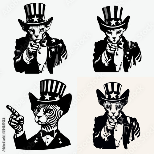 Sphynx Cat fullbody wear american top hat as uncle sam point index finger to viewer. 4th of July Flag Patriotism Usa America Independence Day Clipart Line Art Vector Illustration. Hairless.