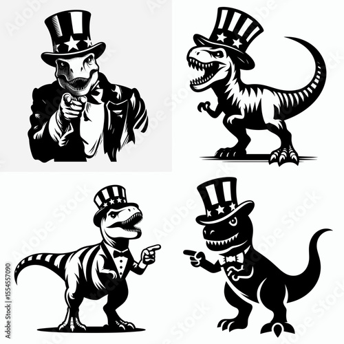 T rex fullbody wear american top hat as uncle sam point index finger to viewer. 4th of July Flag Patriotism Usa America Independence Day Clipart Line Art Vector Illustration. Dinosaur.
