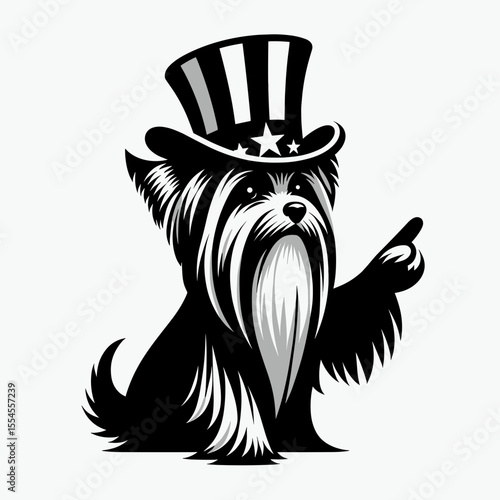 Yorkshire Terrier Dog fullbody wear american top hat as uncle sam point index finger to viewer. 4th of July Flag Patriotism Usa America Independence Day Clipart Line Art Vector Illustration.