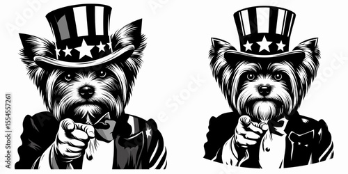 Yorkshire Terrier Dog wear american top hat as uncle sam point index finger to viewer. 4th of July Flag Patriotism Usa America Independence Day Clipart Line Art Vector Illustration. Tiny.