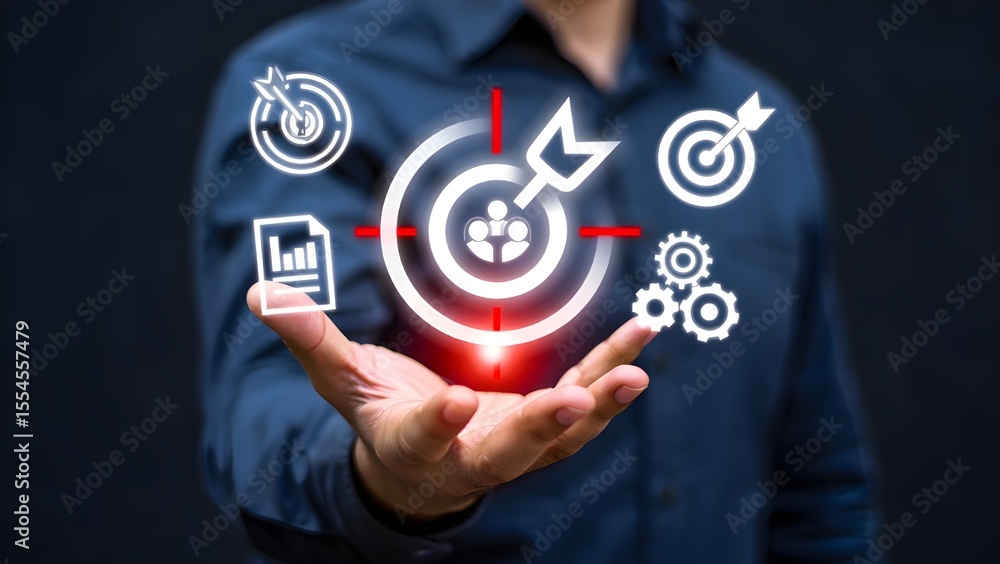 Man holding digital icons representing business goals strategy and team collaboration Man holding digital icons representing business goals strategy and team collaboration