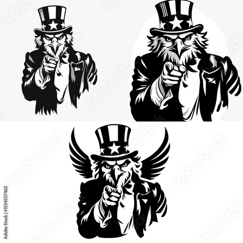 Bald Eagle fullbody wear american top hat as uncle sam point index finger to viewer. 4th of July Flag Patriotism Usa America Independence Day Clipart Line Art Vector Illustration. Patriotic.