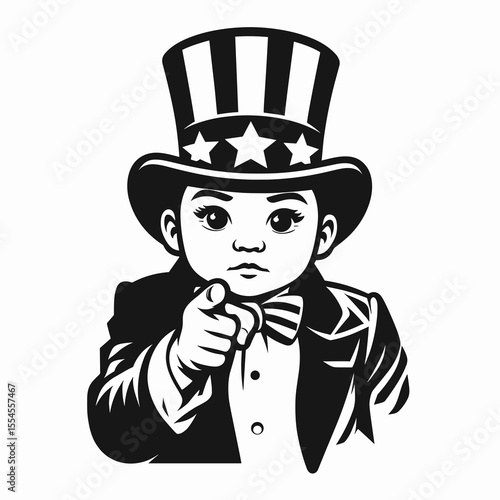 baby wear american top hat as uncle sam point index finger to viewer. 4th of July Flag Patriotism Usa America Independence Day Clipart Line Art Vector Illustration. Infant wearing tall.