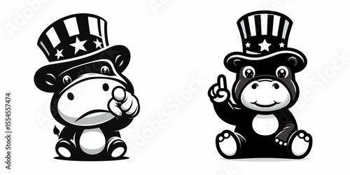 baby hippo wear american top hat as uncle sam point index finger to viewer. 4th of July Flag Patriotism Usa America Independence Day Clipart Line Art Vector Illustration. Young utilize.