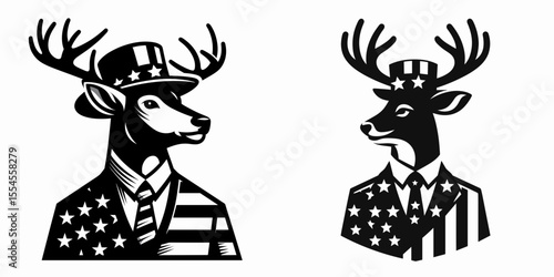Deer wear american patriotic costume. 4th of July Flag Patriotism Usa America Independence Day Clipart Line Art Vector Illustration. Buck dons themed dress up outfit animal national holiday.