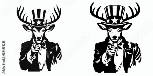 Deer fullbody wear american top hat as uncle sam point index finger to viewer. 4th of July Flag Patriotism Usa America Independence Day Clipart Line Art Vector Illustration. Buck entire.