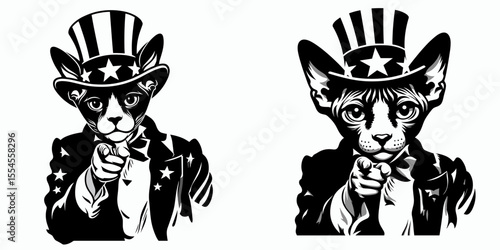 Devon Rex Cat wear american top hat as uncle sam point index finger to viewer. 4th of July Flag Patriotism Usa America Independence Day Clipart Line Art Vector Illustration. Curly kitten.
