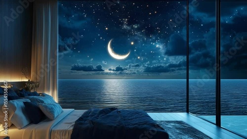 Starry Night luxury resort bedroom with breathtaking crescent moon and ocean landscape view